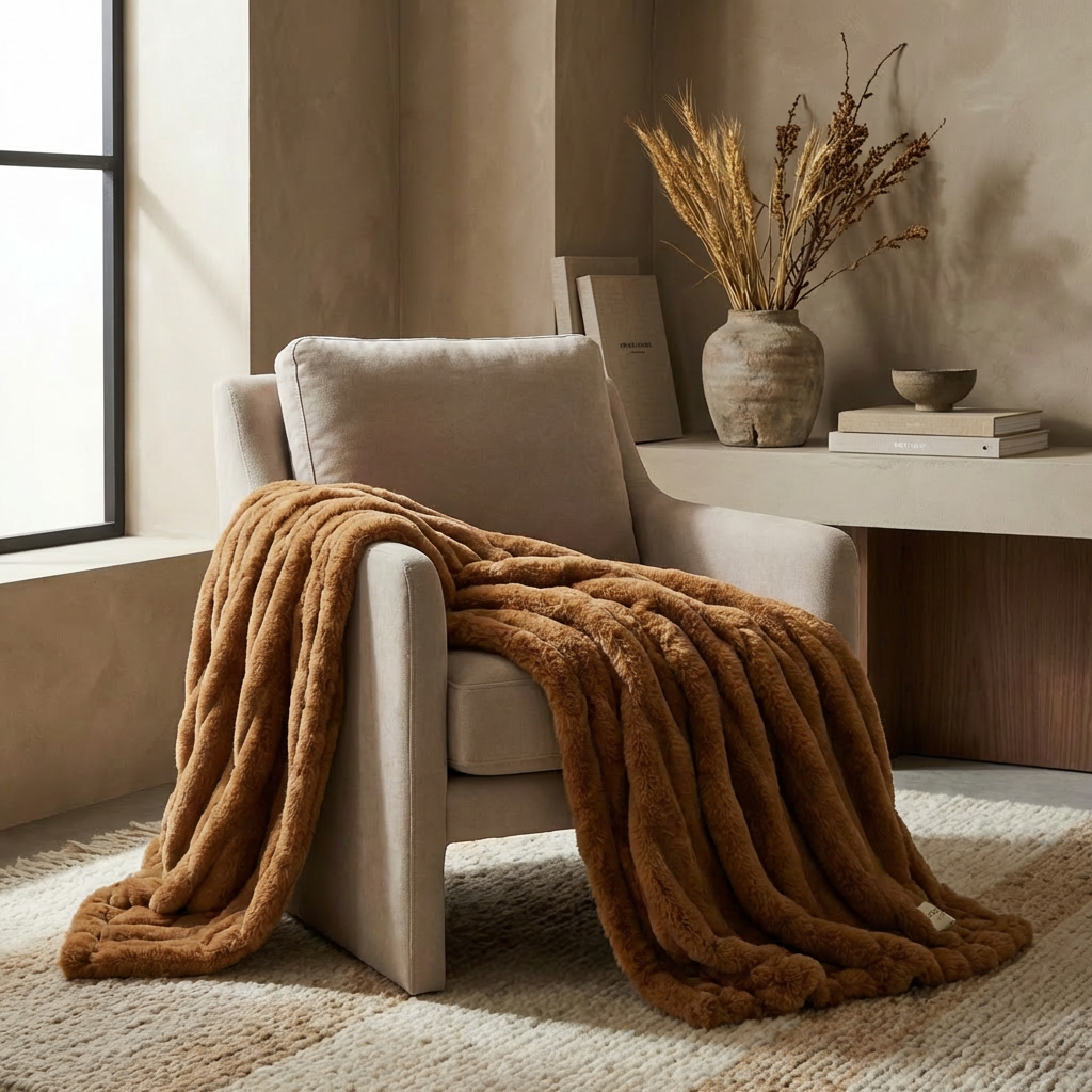 Lion Caramel Faux Fur Throw